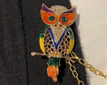 Sweater Pins/Clips: Rhinestone and Enamel Owl set in Gold