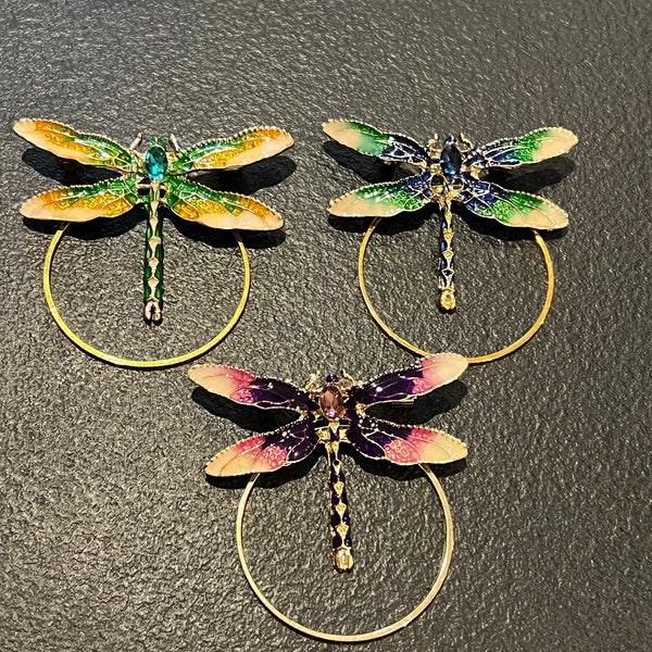 Eyeglass holder, Sunglasses holder, Badge holder - Dragonfly in Green and Blue, Purple and Pink, or Green and Yellow Enamel