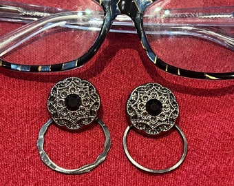 Eyeglass holder, Sunglasses holder, Badge holder - Deep Pewter or Gun Metal Medallions with Black Center Stone