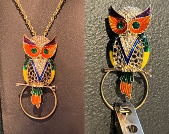 Eyeglass holder, Sunglasses holder, Badge holder, Necklace - Jeweled Owl in Silver with Golden Eyes