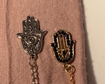 Sweater Pins: Hamsa in Gold with Black Rhinestones or Silver Etched
