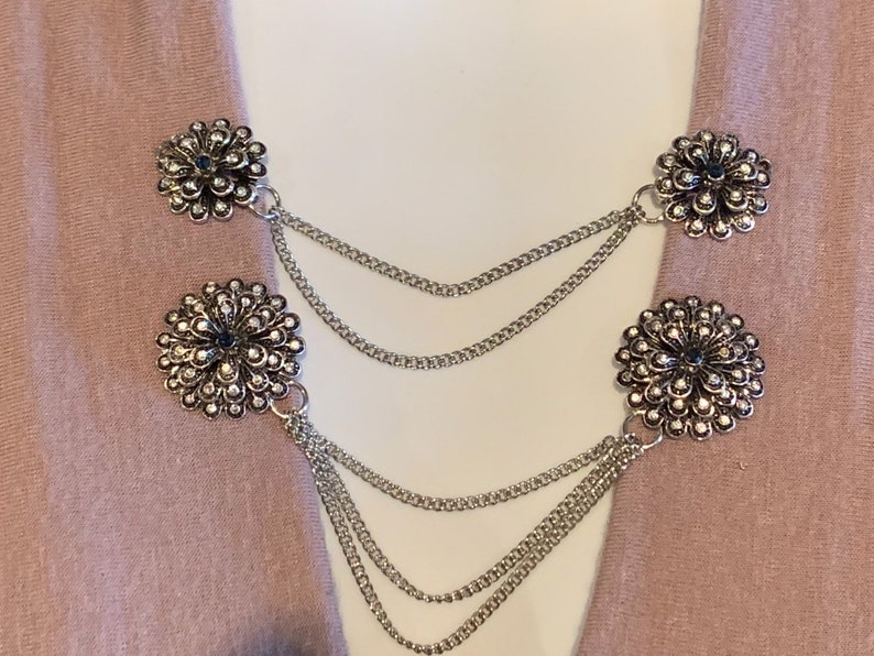 Sweater Clips Silver and Black Flowers with Black Center /_REDUCED PRICE