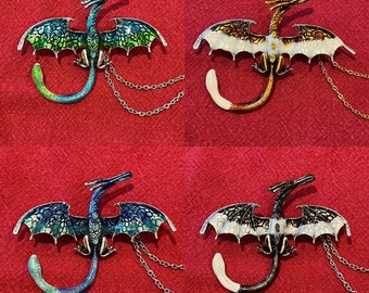 Sweater Clips: Dragons in Blue, Green and Teal, or Black and White, or Gold and White  Enamel set in Silver