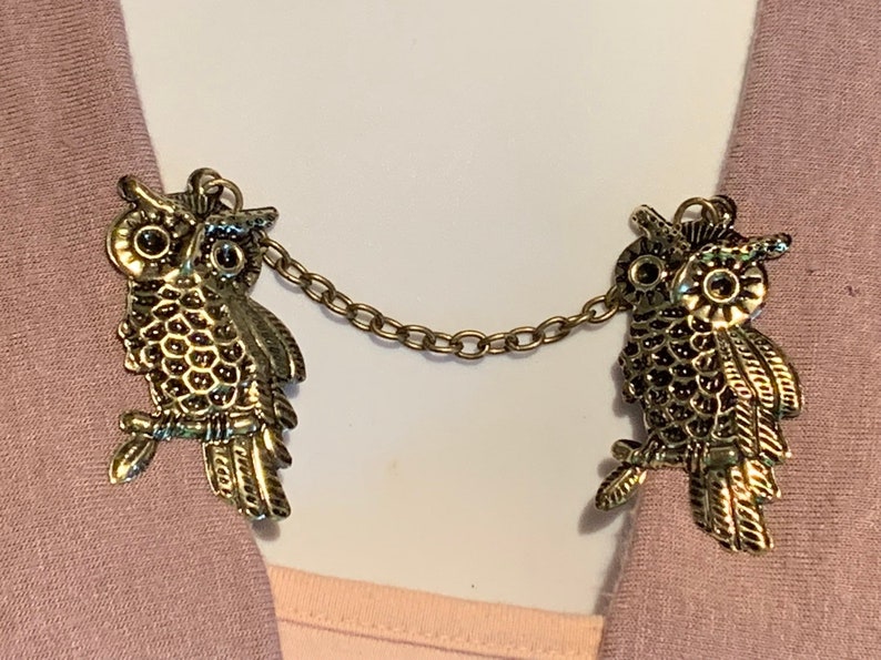 Sweater Clips Owls with Tail Feathers on a Branch In Bronze
