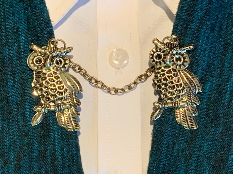 Sweater Clips Owls with Tail Feathers on a Branch In Bronze