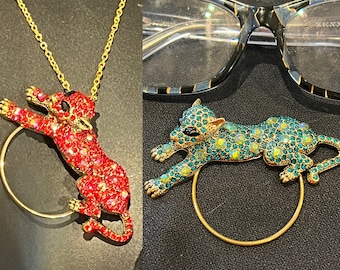 Eyeglass holder Necklace, Badge holder - Cheetah, Leppard, Jungle Cat in Red or Teal Rhinestones set in Gold