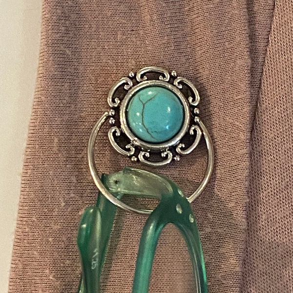 Eyeglass holder, Sunglasses holder, Badge holder - Blue Turquoise in Silver Swirls