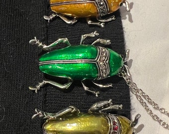 Sweater Pins or Clips: Enamel Scarabs set in Silver - Two Styles, Beetle, Scarab, Beetles, Insects