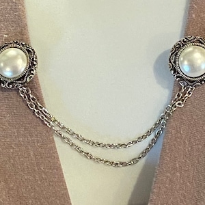 Sweater Clips: Pearls set in Pewter Filigree