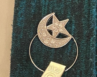 Eyeglass holder, Sunglasses holder, Badge holder - Crescent Moon and Star Studded in Rhinestones