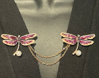 Sweater Clips: Dragonflies with Pearl Accent in Purple Enamel set in Gold