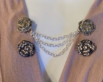 Sweater Clips: Flowers in Silver or Gunmetal with Rhinestones