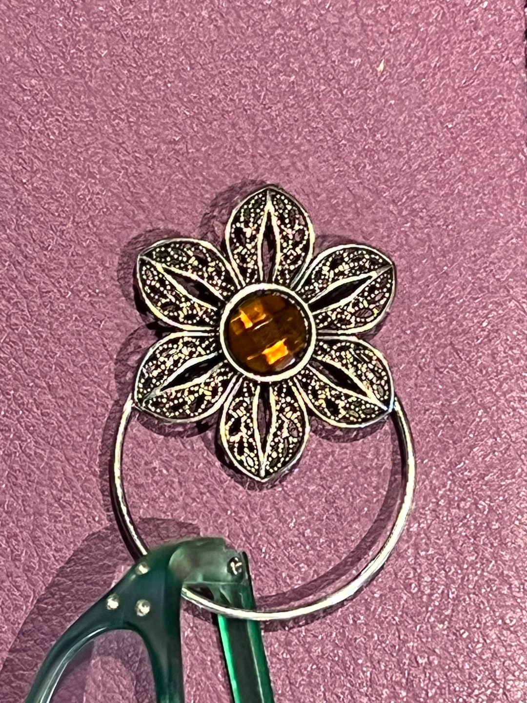 Eyeglass Holder, Sunglasses Holder, Badge Holder Pewter Flower With