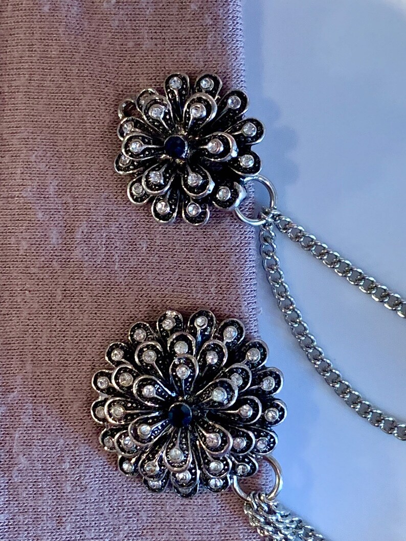 Sweater Clips Silver and Black Flowers with Black Center /_REDUCED PRICE