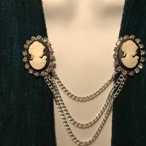 Sweater Clips: Double Cameo Set in Silver