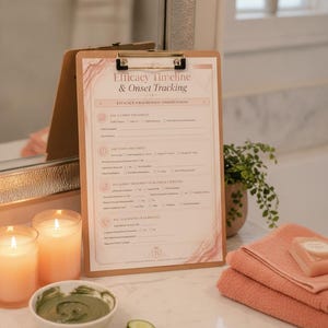 May include: A brown clipboard holding a printed Efficacy Timeline & Onset Tracking form with rose gold accents. The form includes sections for post-treatment observations, daily progress, and results. The design features soft pink marble patterns.