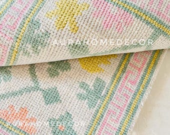 Roze pastelkleurige oushak-vloerkleed 5 x 8 handgeknoopt wollen vloerkleed Turkse stijl 6 x 9/7 x 9 roze oushak-wollen vloerkleed voor kinderkamer Zacht vloerkleed voor kinderkamer