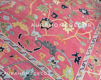 8x10/9x12 Oushak Rug Pink Hand  Knotted Wool Rug 10x14 Pink Handmade Oushak Wool Rug For Nursery Decor 6x9 Pink Turkish Oushak For Bedroom