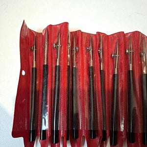 Peut inclure: Un ensemble de neuf stylos de dessin technique avec des manches noirs et des pointes en métal argenté, chacun doté d'un mécanisme à vis réglable. Les stylos sont rangés dans un étui en plastique rouge avec des pochettes transparentes.