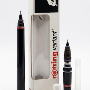 May include: A black Rotring Variant pen with a red band, a second pen, and a box with the Rotring Variant logo. The box has a black and white graphic of a hand holding a pen. Also included are a white cap, a clear tube, and a gold wrench.