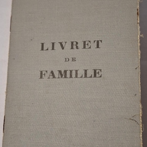 Puede incluir: Un folleto vintage "Livret de Famille" de color gris claro. El título está impreso en gris oscuro, centrado en la portada. El folleto tiene un aspecto desgastado y texturizado, con bordes deshilachados. La portada está ligeramente curvada.