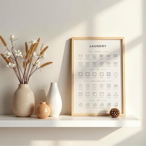 Puede incluir: Un póster enmarcado con una guía de símbolos de cuidado de ropa, con texto e iconos negros sobre fondo blanco. Junto a él, tres jarrones de cerámica en tonos crema y melocotón, uno de ellos con hierbas secas beige y flores blancas.