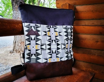 Backpack/WESTWARD print=2 front pockets/Gray bull denim details/Black zipper/Black nylon straps/Montana or Mountain patch/N/A for Wholesale