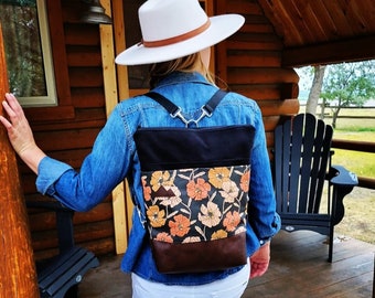 Backpack/POPPY print=2 front pockets/Black bull denim details/Black zipper/Black adjustable straps/Montana or Mountain/NA for WHOLESALE