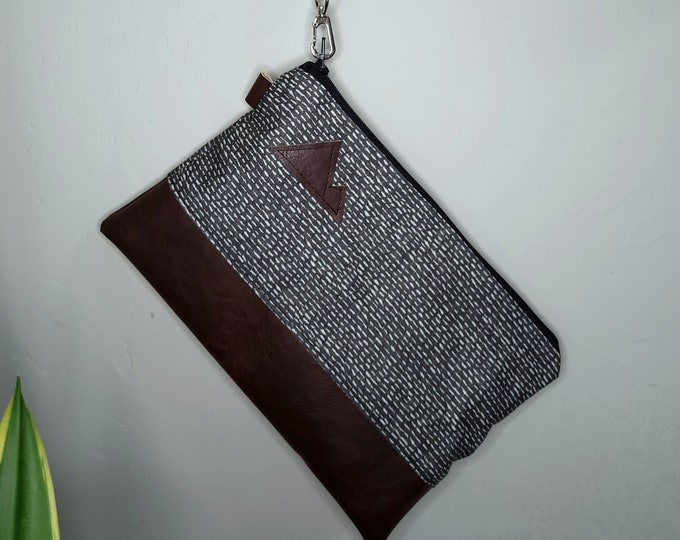 Wristlet Clutch/Stormy print front and back/Gray & white/Black zipper/Montana or Mountain patch