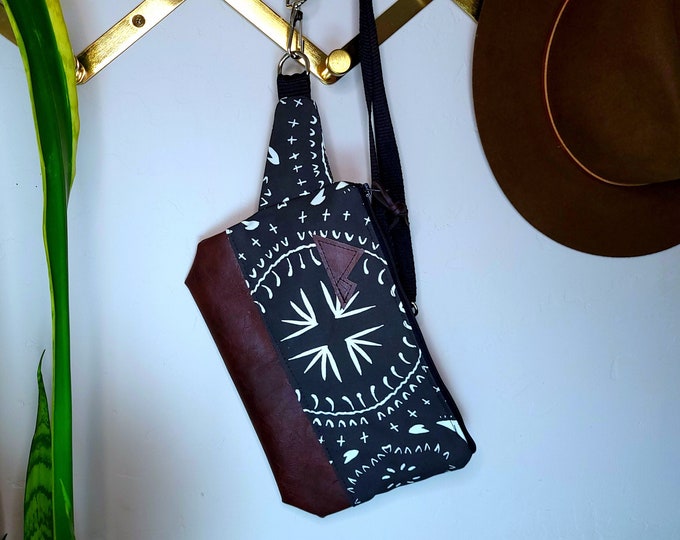 Sling bag/BOHO print in graphite gray = front and back/Black zipper/Black nylon adjustable & detachable strap/Mountain patch