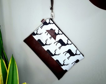 Wristlet Clutch/Deer print front and back/Black & white/Black zipper/Montana or Mountain patch