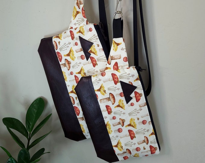 Sling bag/MUSHROOM print = front and back/Black zipper/Black nylon adjustable & detachable strap/Mountain patch