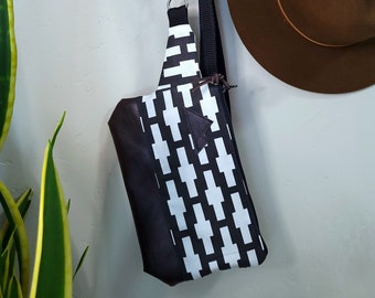 Sling bag/CROSSROADS print = front and back/Black zipper/Black nylon adjustable & detachable strap/Mountain patch