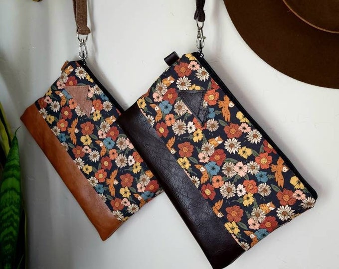 Wristlet Grab & Go Clutch/OWL FLORAL print front and back/Black zipper/Montana or Mountain patch