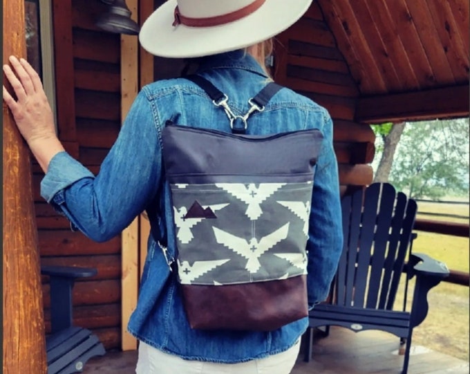 Backpack/SPIRIT print=2 front pockets/Gray bull denim details/Black zipper/Black nylon straps/Montana or Mountain patch/N/A for Wholesale