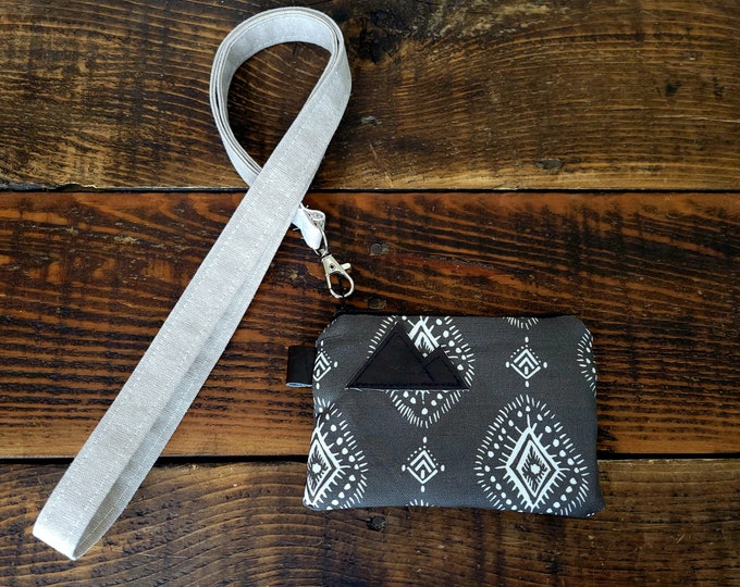 LANYARD with Henna print in charcoal gray card pouch / OAT color linen lanyard strap / Available in 2 lengths / work purse / concert purse