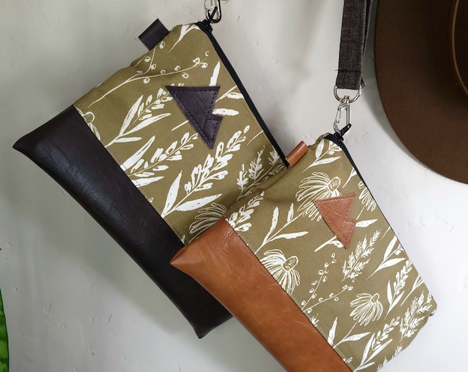 Wristlet Clutch/OLIVE FLORAL print front and back/Gray & white/Black zipper/Montana or Mountain patch