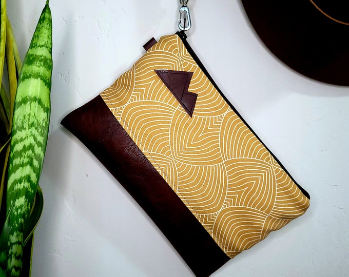 Wristlet Grab & Go Clutch/WAVES IN GOLD print front and back/Black zipper/Montana or Mountain patch