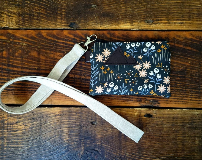 LANYARD with forest floor print card pouch / OAT color linen lanyard strap / Available in 2 lengths / work purse / concert purse