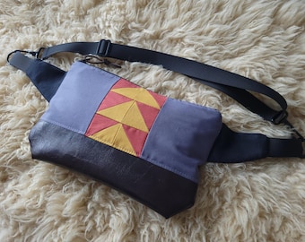 Sling bag/Patchwork(yellow,terracotta,gray)/black canvas back/Black zipper/Black nylon adjustable & detachable strap/Brown vegan leather