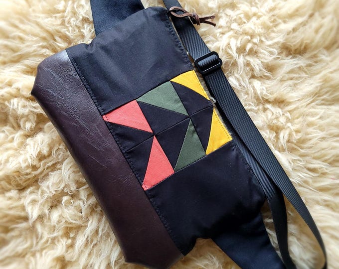 Sling bag/Patchwork(yellow,terracotta,green,black)/black canvas back/Black zipper/Black nylon adjustable & detachable strap