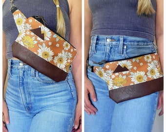 Sling bag/SUNFLOWER/DAISY print = front and back/Black zipper/Black nylon adjustable & detachable strap/Mountain patch