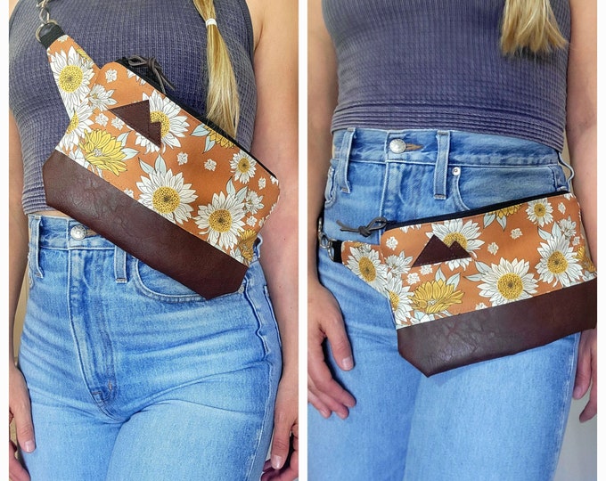 Sling bag/SUNFLOWER/DAISY print = front and back/Black zipper/Black nylon adjustable & detachable strap/Mountain patch