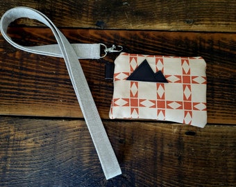 LANYARD with Quilt print card pouch / OAT color linen lanyard strap / Available in 2 lengths / work purse / concert purse