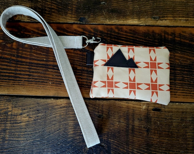 LANYARD with Quilt print card pouch / OAT color linen lanyard strap / Available in 2 lengths / work purse / concert purse