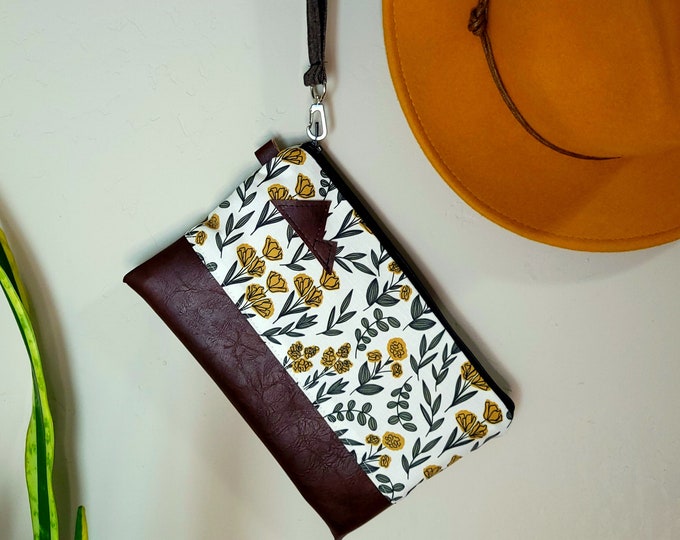 Wristlet Clutch/MORNING SUN FLORAL print front and back/Black zipper/Montana or Mountain patch