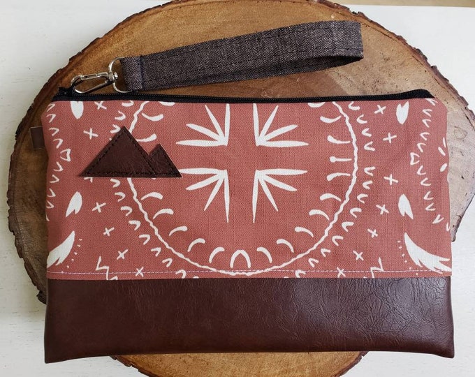 Wristlet Grab & Go Clutch/Rust bohemian print front and back/Black zipper/Montana or Mountain patch