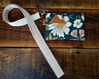 LANYARD with Spring Dreamer print card pouch / OAT color linen lanyard strap / Available in 2 lengths / work purse / concert purse