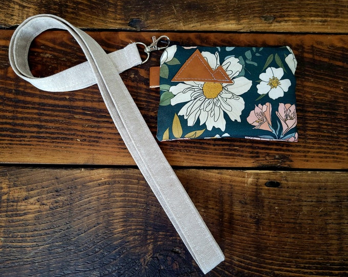 LANYARD with Spring Dreamer print card pouch / OAT color linen lanyard strap / Available in 2 lengths / work purse / concert purse