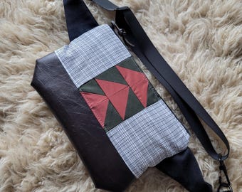 Sling bag/Patchwork front(coral and dark green)/black canvas back/Black zipper/Black nylon adjustable & detachable strap